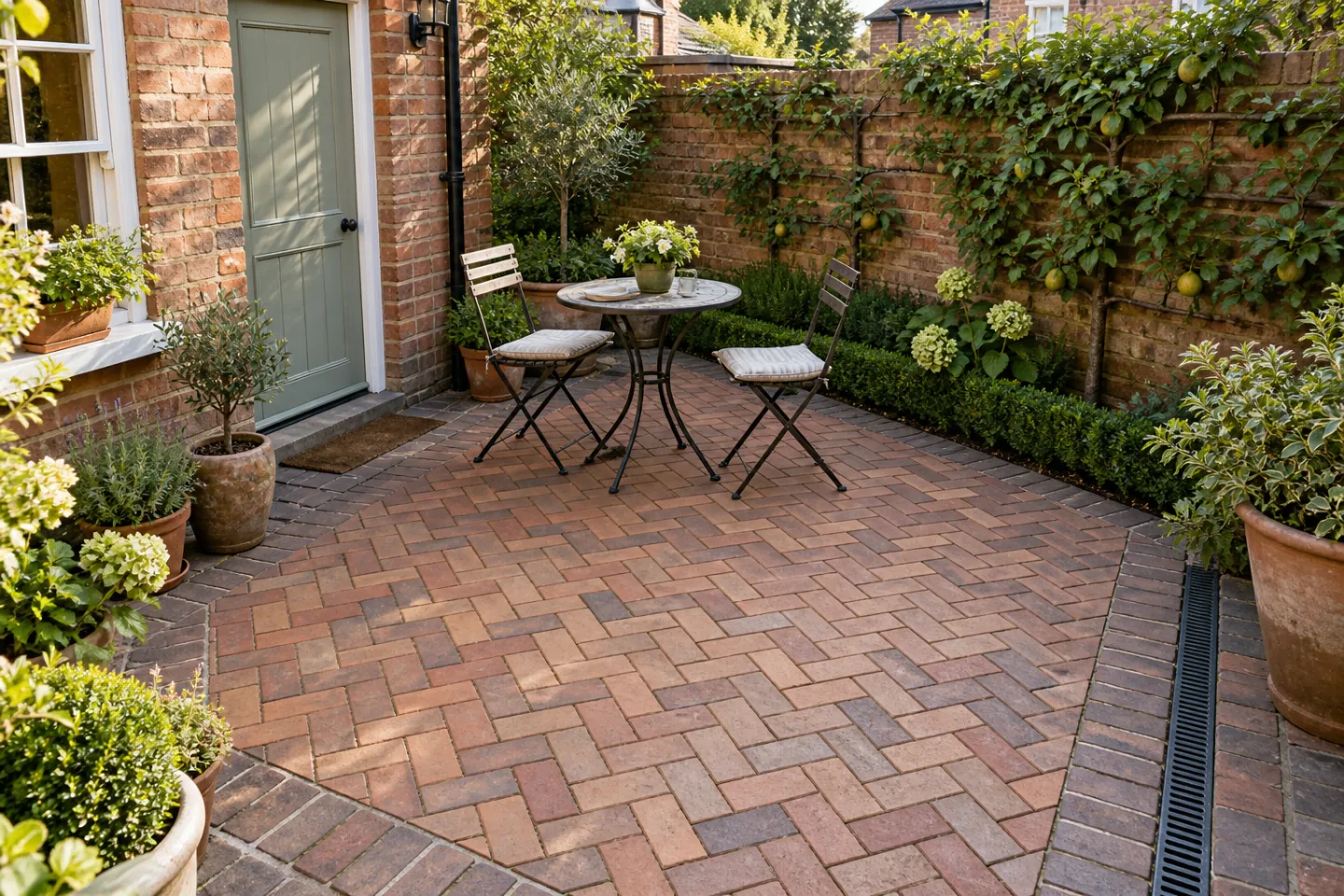 Herringbone clay paver courtyard with a contrasting border and channel drain