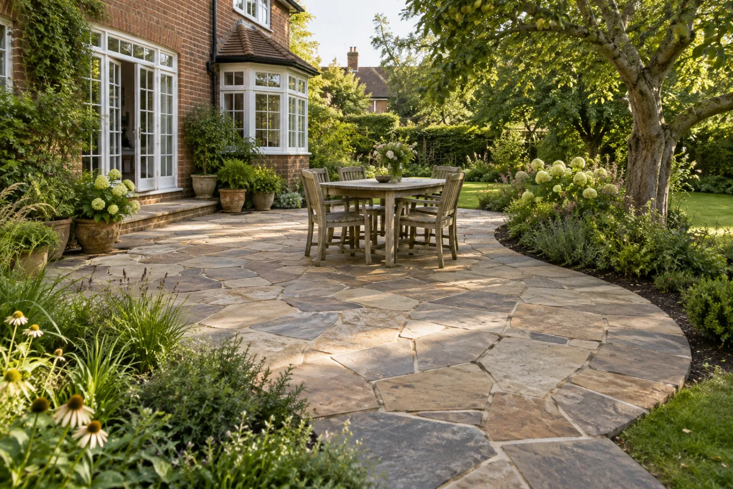Irregular reclaimed-stone crazy paving terrace with controlled joints and a curved garden edge