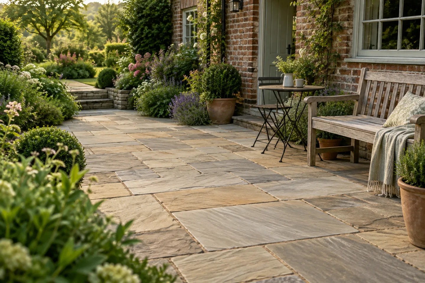 Mixed-size buff and grey sandstone paving in a planted cottage garden