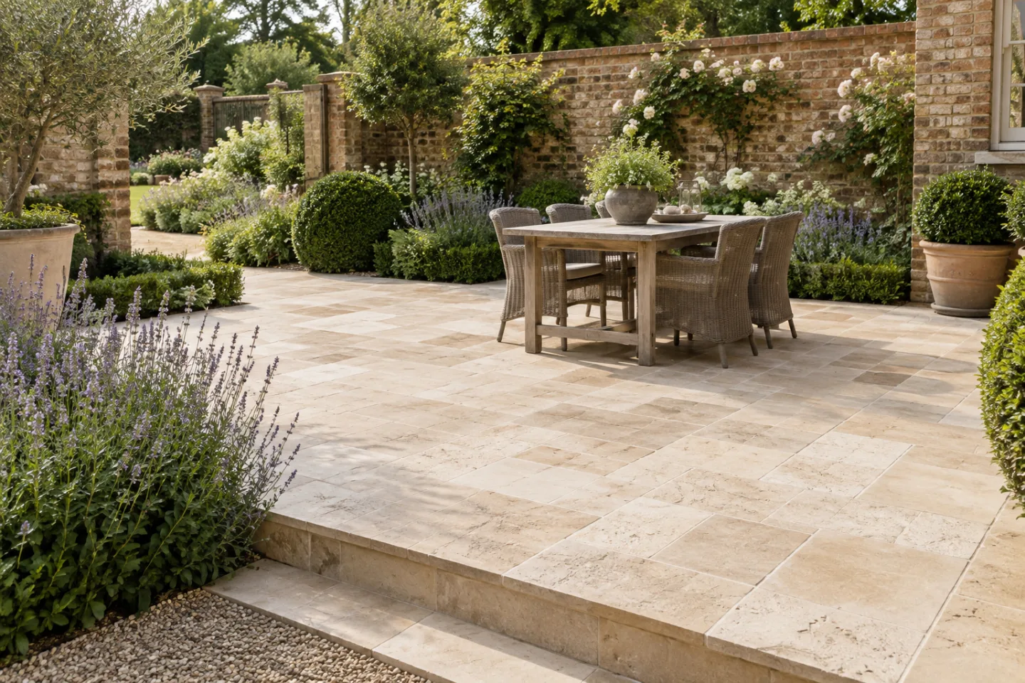 Light tumbled travertine patio in an English walled garden
