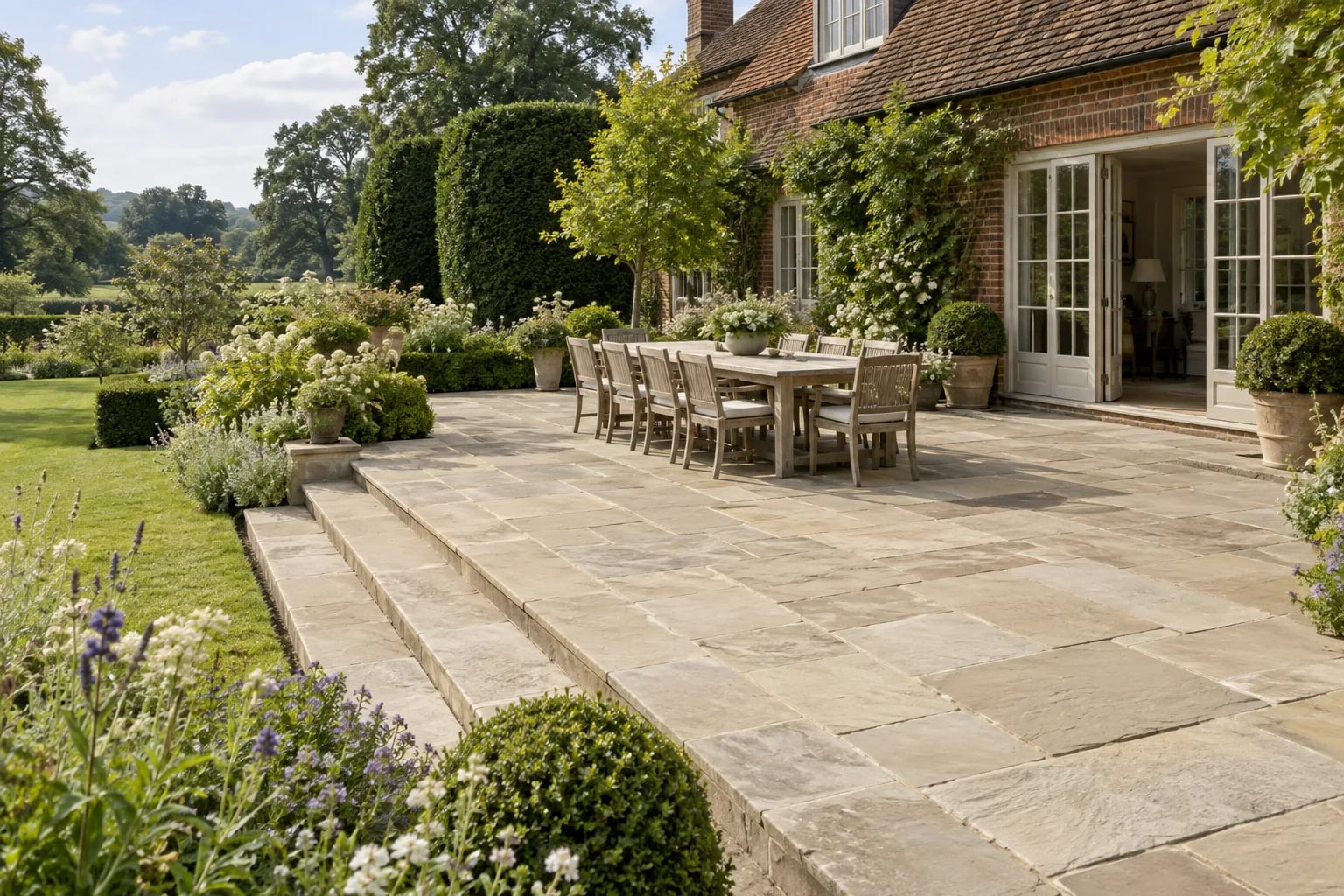 Large buff-grey Yorkstone terrace with broad steps at a traditional brick home